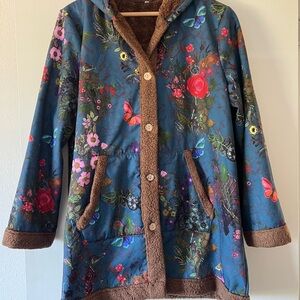 Source Unknown Blue and Brown Teddy Jacket with Floral Design